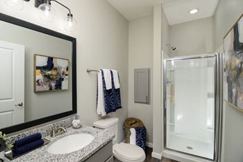 a bathroom with a shower sink and toilet and a mirror at Elan Park, Columbus